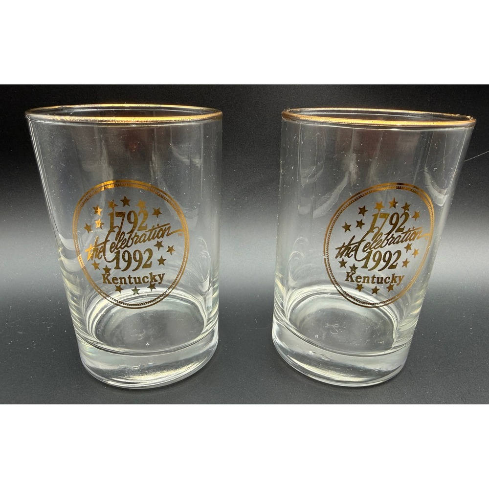 Vintage 1792-1992 Kentucky Celebration Bicentennial Gold Rim Rocks Glasses Set 2 - Picture 1 of 8
